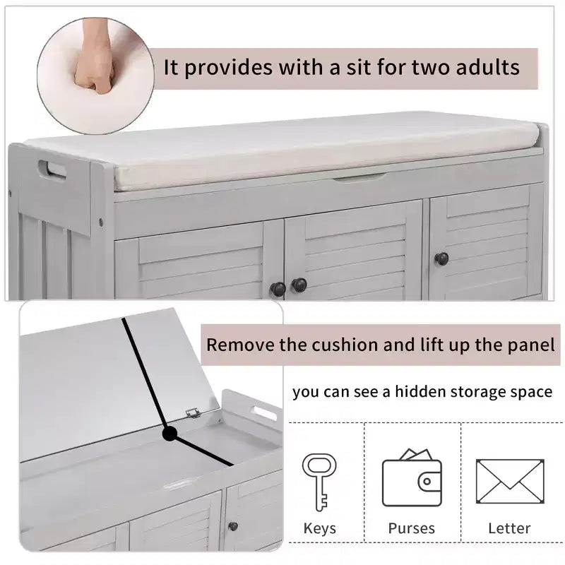 Banc de rangement d'entrée avec coussin, banc à chaussures en bois avec siège et 3 portes persiennes