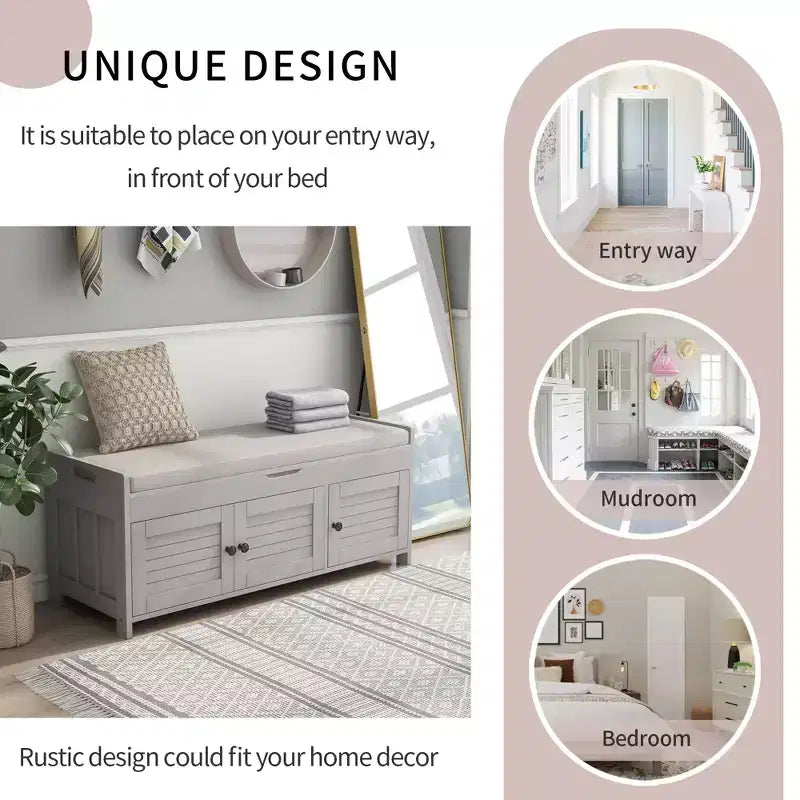 Banc de rangement d'entrée avec coussin, banc à chaussures en bois avec siège et 3 portes persiennes