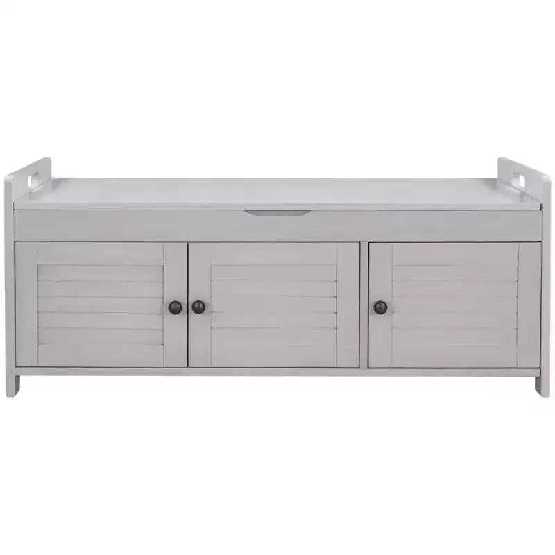 Banc de rangement d'entrée avec coussin, banc à chaussures en bois avec siège et 3 portes persiennes