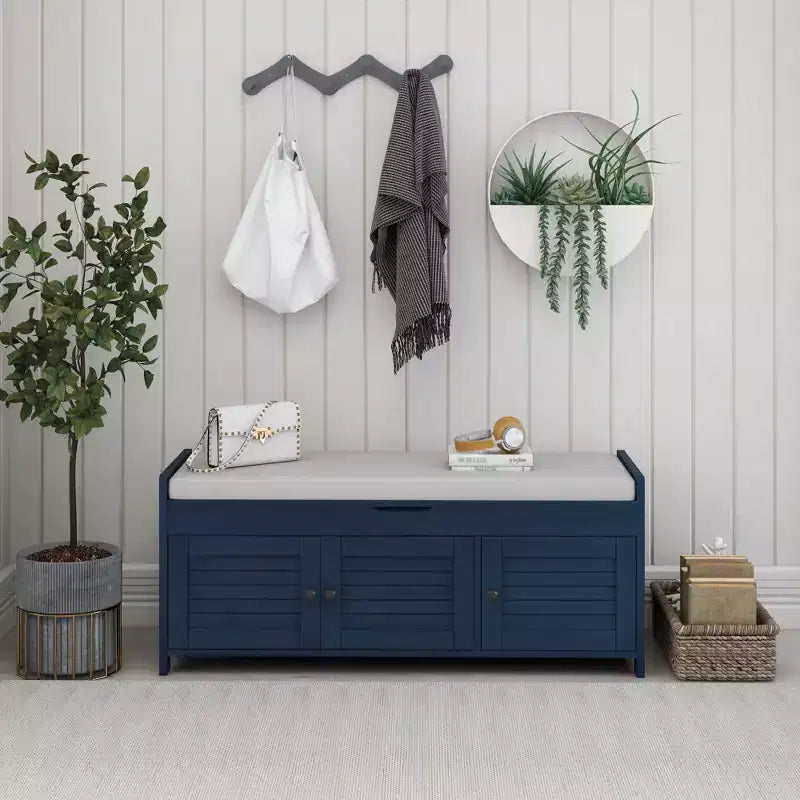 Banc de rangement d'entrée avec coussin, banc à chaussures en bois avec siège et 3 portes persiennes