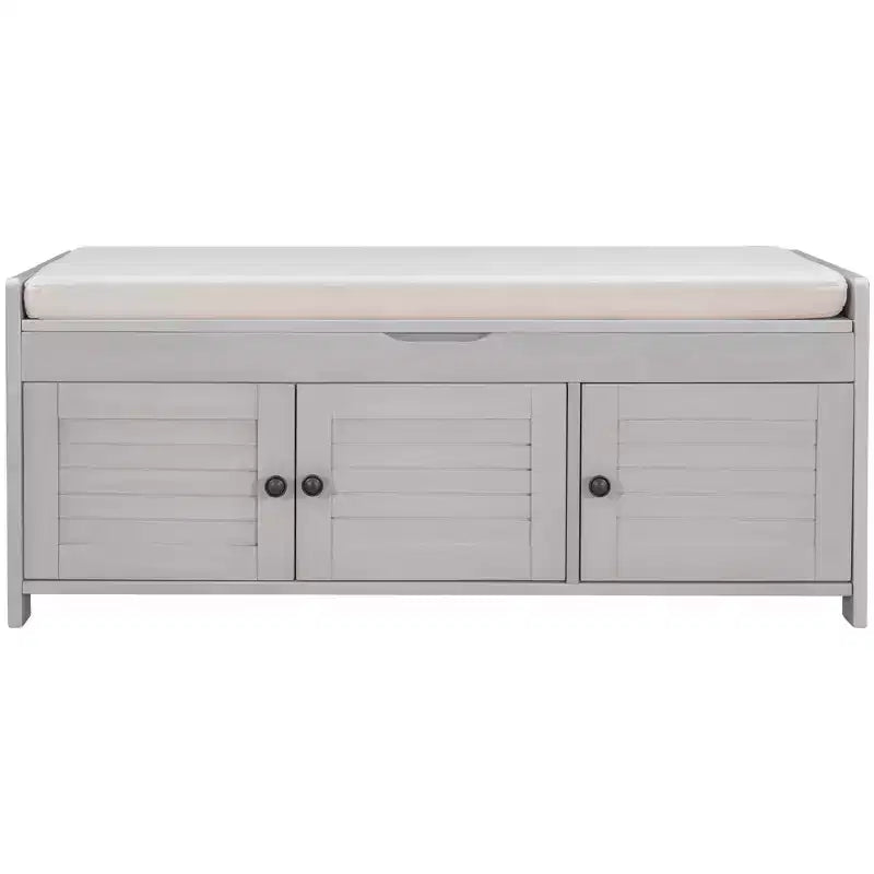 Banc de rangement d'entrée avec coussin, banc à chaussures en bois avec siège et 3 portes persiennes