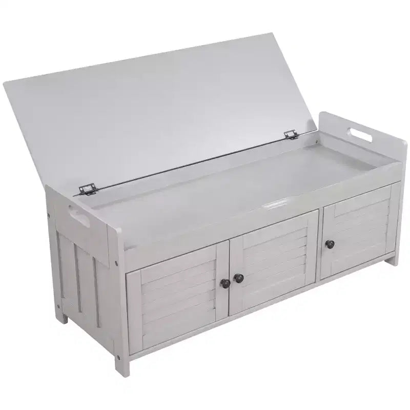 Banc de rangement d'entrée avec coussin, banc à chaussures en bois avec siège et 3 portes persiennes