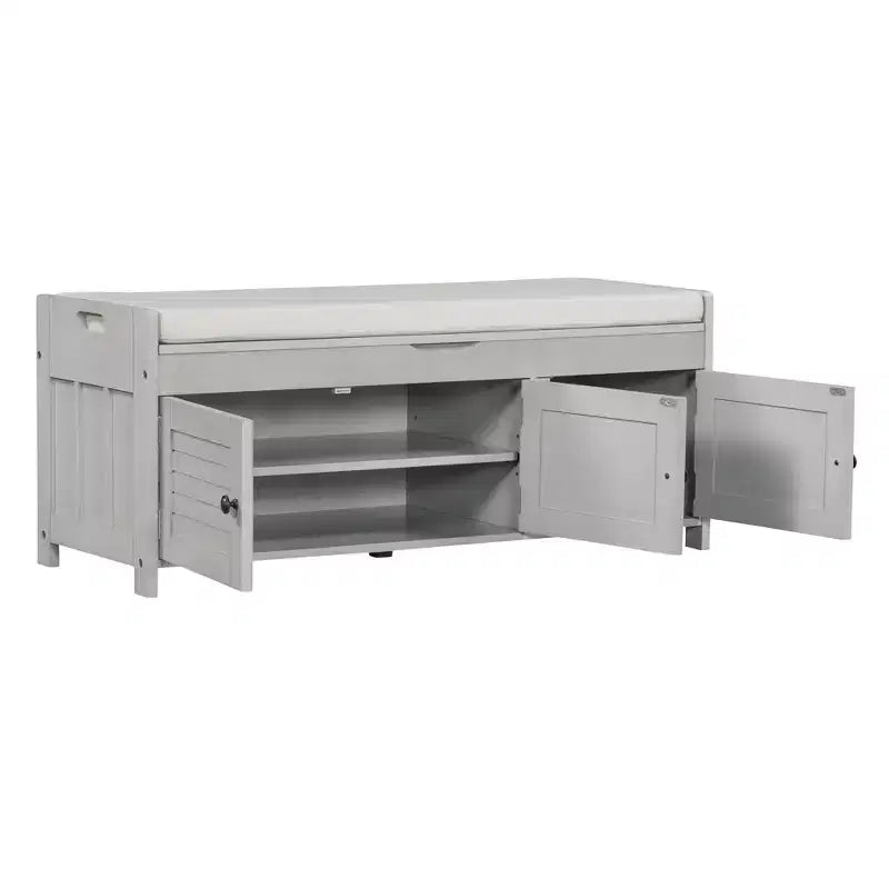 Banc de rangement d'entrée avec coussin, banc à chaussures en bois avec siège et 3 portes persiennes