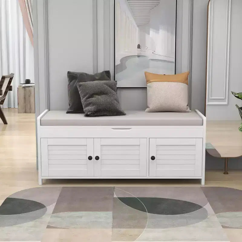 Banc de rangement d'entrée avec coussin, banc à chaussures en bois avec siège et 3 portes persiennes