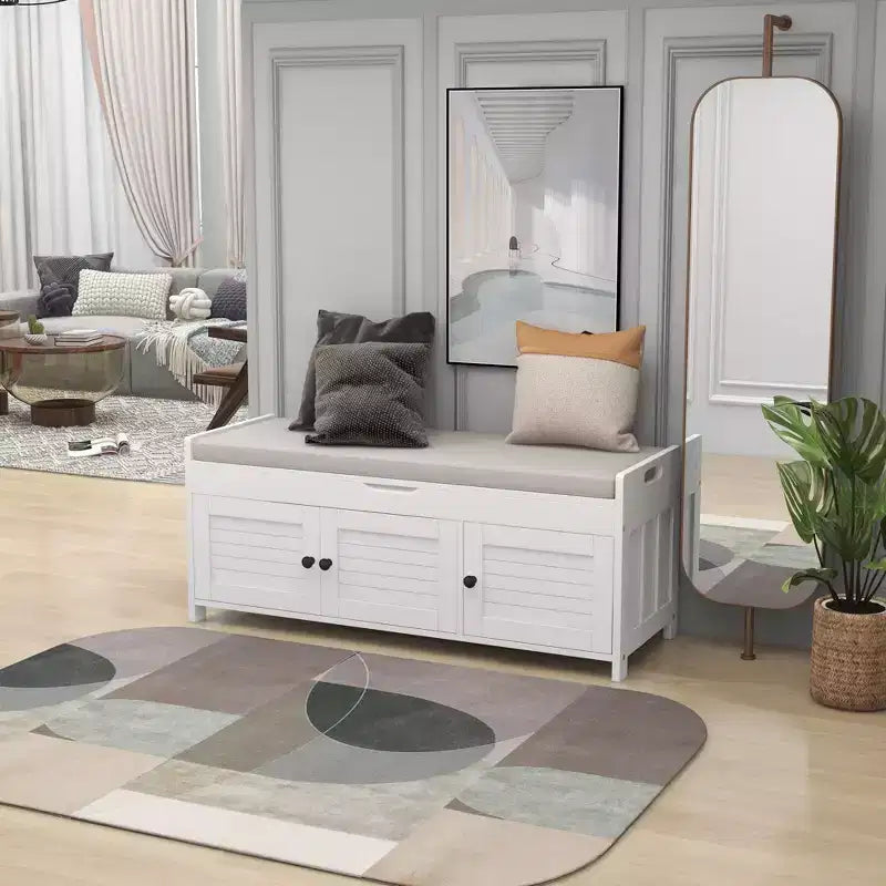 Banc de rangement d'entrée avec coussin, banc à chaussures en bois avec siège et 3 portes persiennes