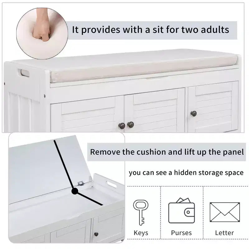 Banc de rangement d'entrée avec coussin, banc à chaussures en bois avec siège et 3 portes persiennes