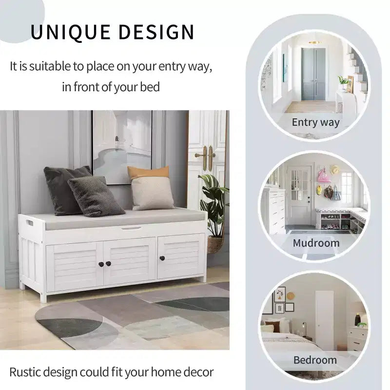 Banc de rangement d'entrée avec coussin, banc à chaussures en bois avec siège et 3 portes persiennes