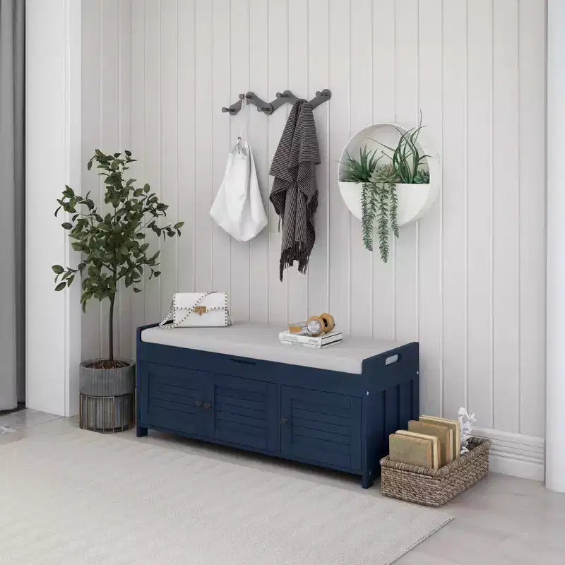 Banc de rangement d'entrée avec coussin, banc à chaussures en bois avec siège et 3 portes persiennes