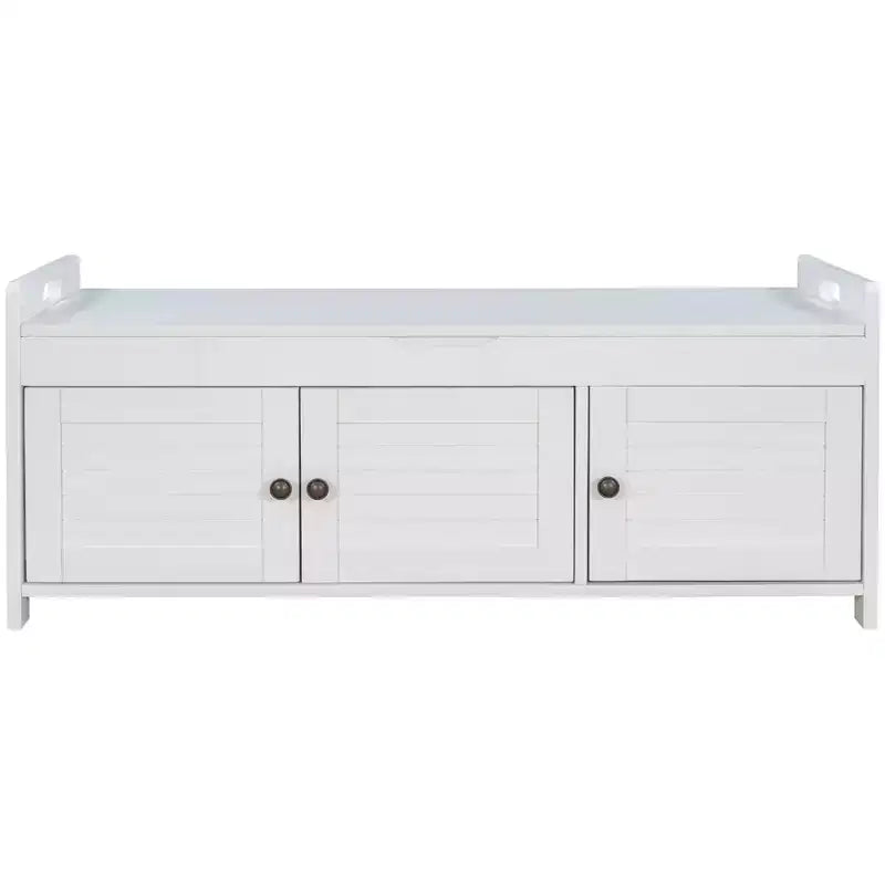 Banc de rangement d'entrée avec coussin, banc à chaussures en bois avec siège et 3 portes persiennes