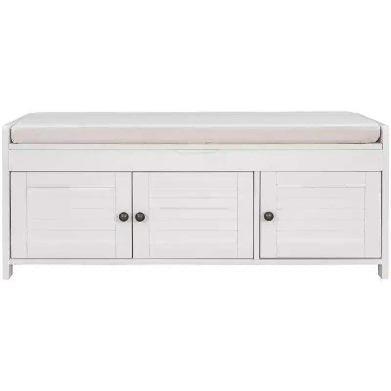 Banc de rangement d'entrée avec coussin, banc à chaussures en bois avec siège et 3 portes persiennes