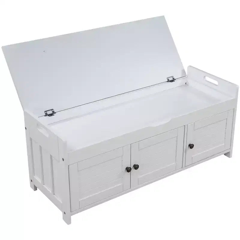 Banc de rangement d'entrée avec coussin, banc à chaussures en bois avec siège et 3 portes persiennes