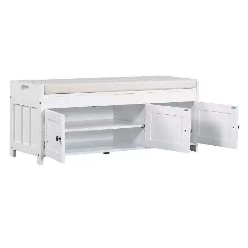 Banc de rangement d'entrée avec coussin, banc à chaussures en bois avec siège et 3 portes persiennes