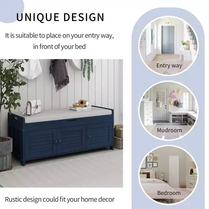 Banc de rangement d'entrée avec coussin, banc à chaussures en bois avec siège et 3 portes persiennes