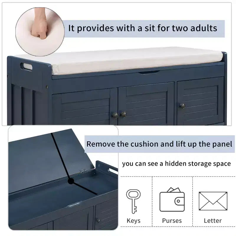 Banc de rangement d'entrée avec coussin, banc à chaussures en bois avec siège et 3 portes persiennes