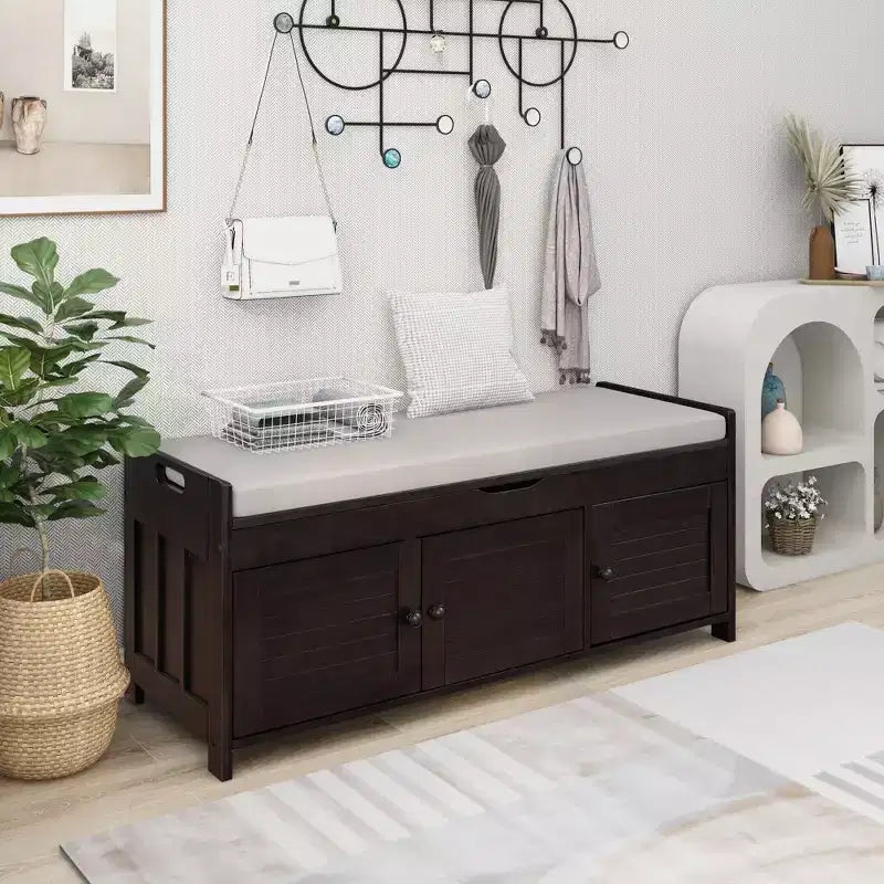 Banc de rangement d'entrée avec coussin, banc à chaussures en bois avec siège et 3 portes persiennes