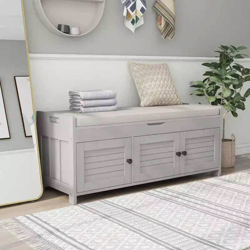 Banc de rangement d'entrée avec coussin, banc à chaussures en bois avec siège et 3 portes persiennes