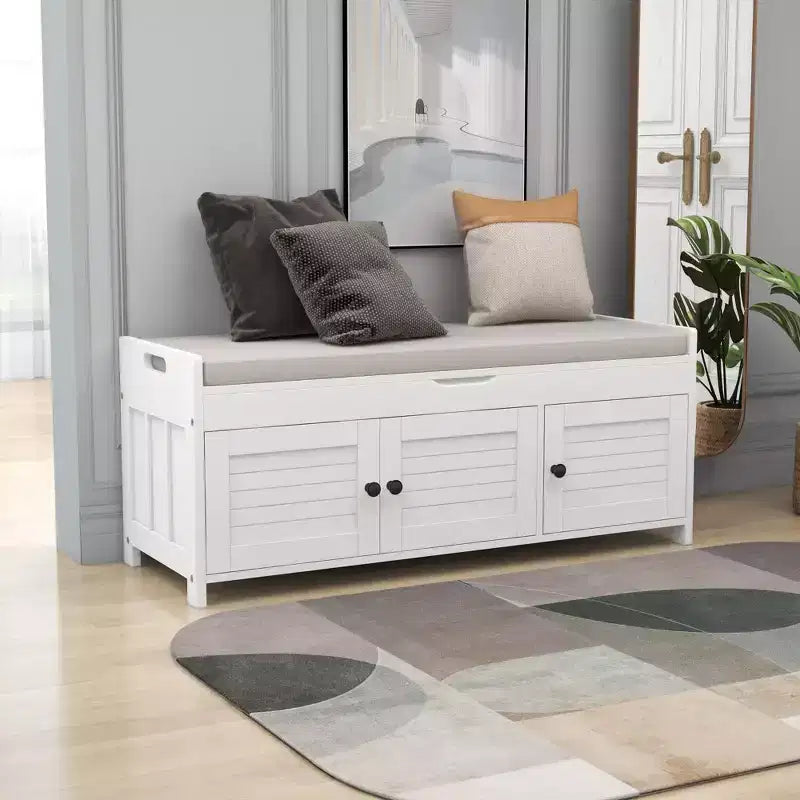 Banc de rangement d'entrée avec coussin, banc à chaussures en bois avec siège et 3 portes persiennes