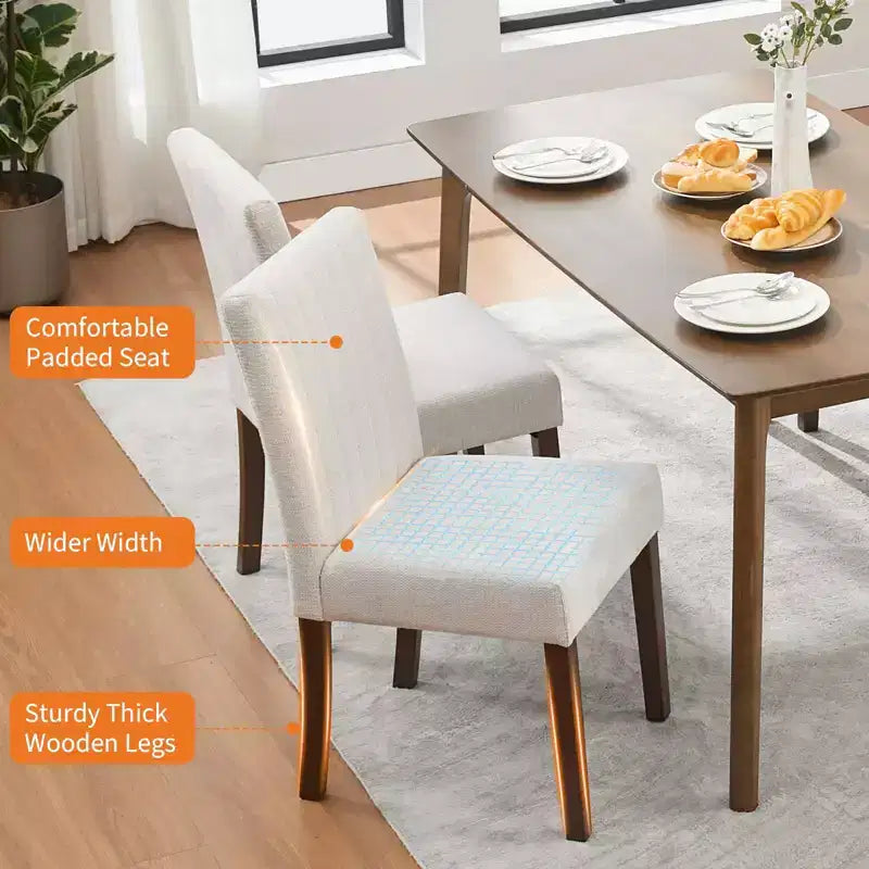 Lot de 2 chaises de salle à manger rembourrées, chaises d'appoint de cuisine modernes en tissu avec pieds en bois robustes, design Parsons, lin doux et confortable pour salle à manger