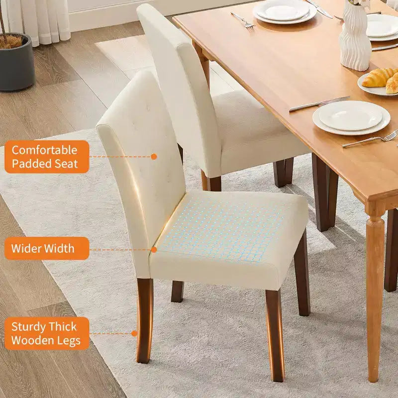 Lot de 2 chaises de salle à manger rembourrées, chaises d'appoint de cuisine modernes en tissu avec pieds en bois robustes, design Parsons, lin doux et confortable pour salle à manger