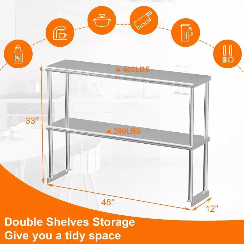 Acekool Étagère supérieure en acier inoxydable 48" à 2 niveaux réglables pour tables de préparation et plans de travail de cuisine