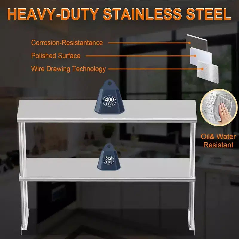 Acekool Étagère supérieure en acier inoxydable 48" à 2 niveaux réglables pour tables de préparation et plans de travail de cuisine