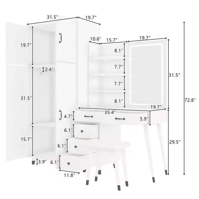 White Linen Particle Board Four-Door Five-Drawer Dresser Set with Interchangeable Left and Right Drawer Compartments