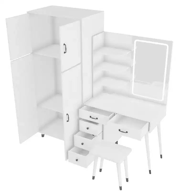 Ensemble commode quatre portes et cinq tiroirs en aggloméré aspect lin blanc avec compartiments de tiroir interchangeables gauche et droit