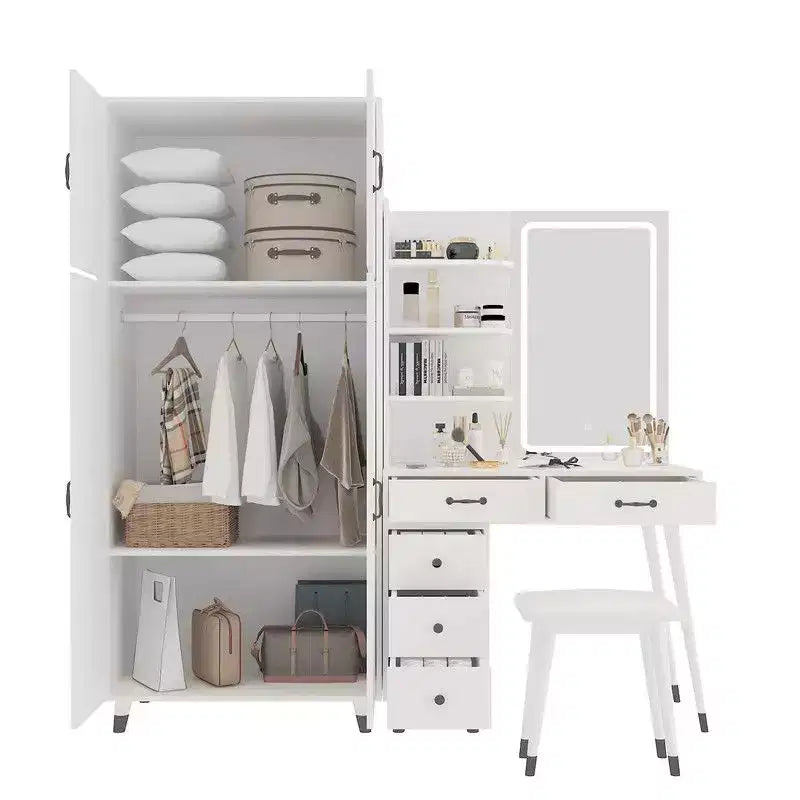 Ensemble commode quatre portes et cinq tiroirs en aggloméré aspect lin blanc avec compartiments de tiroir interchangeables gauche et droit