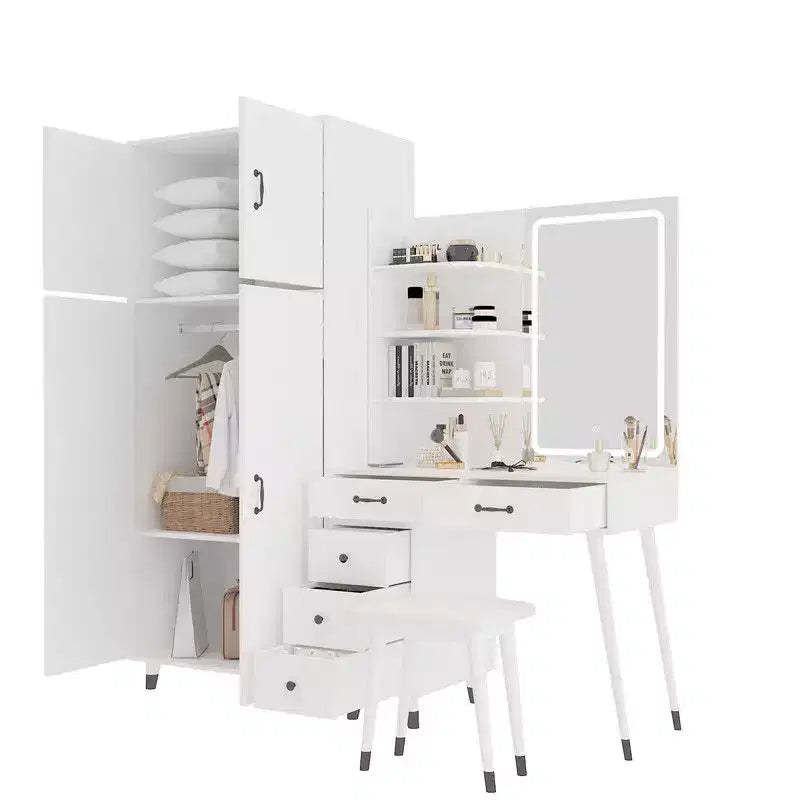 Ensemble commode quatre portes et cinq tiroirs en aggloméré aspect lin blanc avec compartiments de tiroir interchangeables gauche et droit