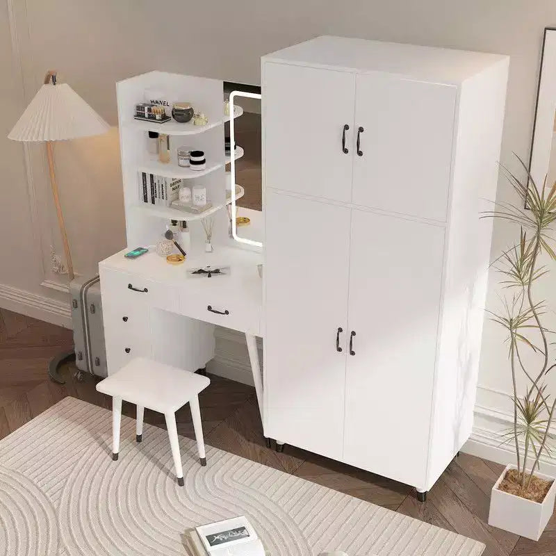 Ensemble commode quatre portes et cinq tiroirs en aggloméré aspect lin blanc avec compartiments de tiroir interchangeables gauche et droit