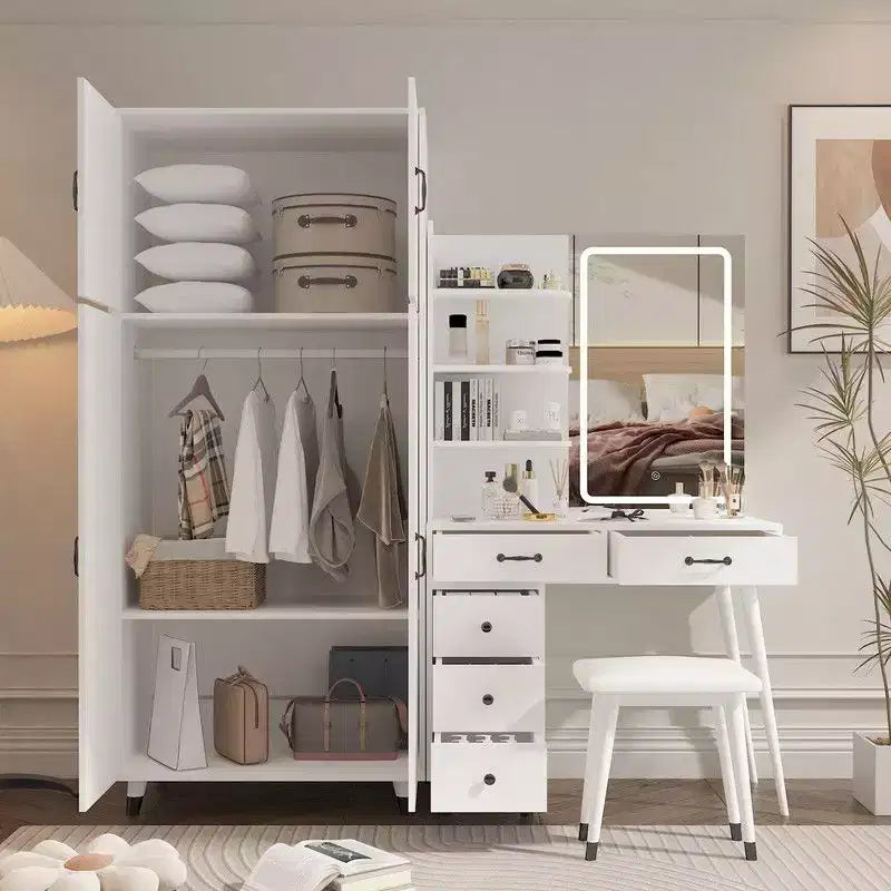Ensemble commode quatre portes et cinq tiroirs en aggloméré aspect lin blanc avec compartiments de tiroir interchangeables gauche et droit