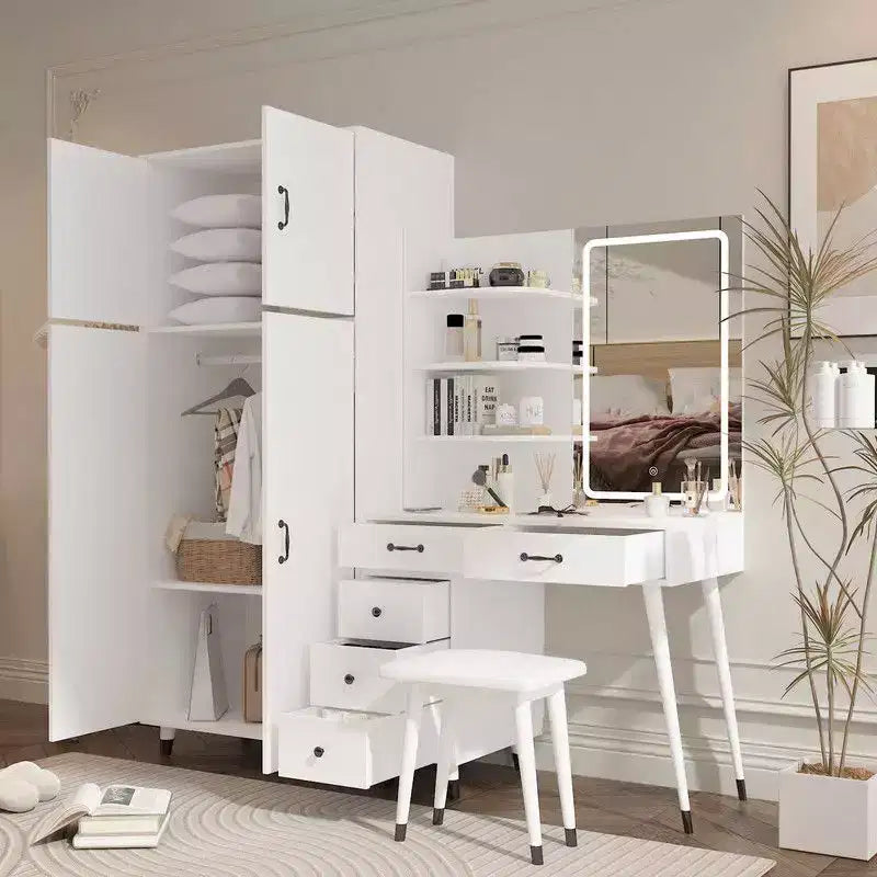 Ensemble commode quatre portes et cinq tiroirs en aggloméré aspect lin blanc avec compartiments de tiroir interchangeables gauche et droit