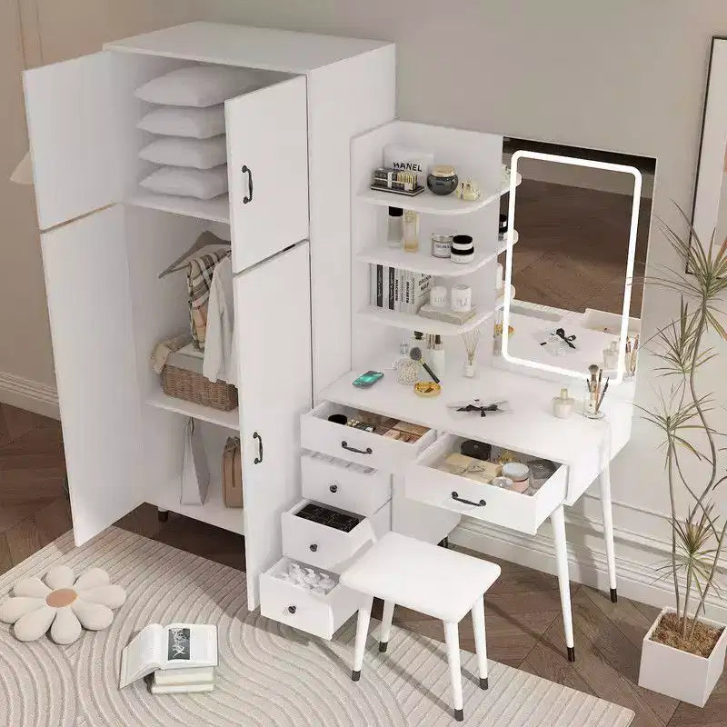Ensemble commode quatre portes et cinq tiroirs en aggloméré aspect lin blanc avec compartiments de tiroir interchangeables gauche et droit