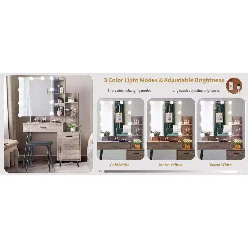 Ensemble coiffeuse avec miroir, éclairage dimmable tricolore et prise, en aggloméré gris avec placage trimine, pieds en fer, 2 tiroirs, 1 porte, 2 étagères