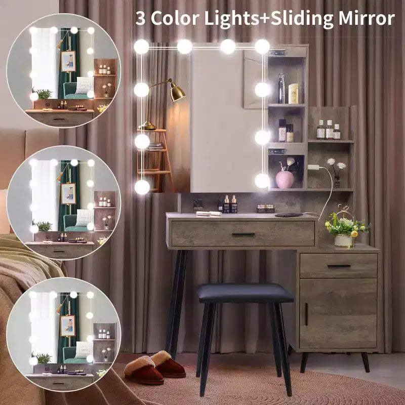 Ensemble coiffeuse avec miroir, éclairage dimmable tricolore et prise, en aggloméré gris avec placage trimine, pieds en fer, 2 tiroirs, 1 porte, 2 étagères