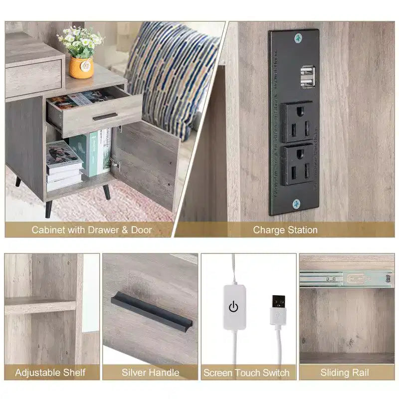 Ensemble coiffeuse avec miroir, éclairage dimmable tricolore et prise, en aggloméré gris avec placage trimine, pieds en fer, 2 tiroirs, 1 porte, 2 étagères