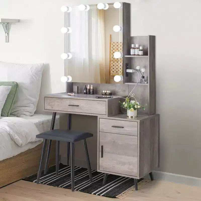 Ensemble coiffeuse avec miroir, éclairage dimmable tricolore et prise, en aggloméré gris avec placage trimine, pieds en fer, 2 tiroirs, 1 porte, 2 étagères