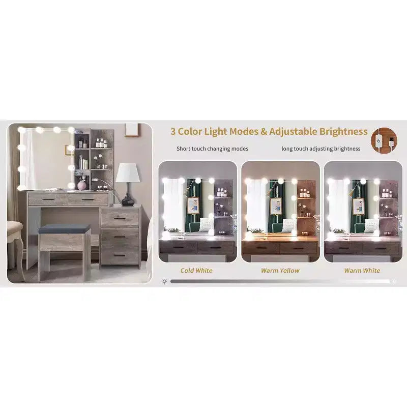 Ensemble de coiffeuse avec armoire miroir, 5 tiroirs et 2 étagères en panneau de particules gris avec placage trimine et agencement d'ampoules à intensité variable tricolore