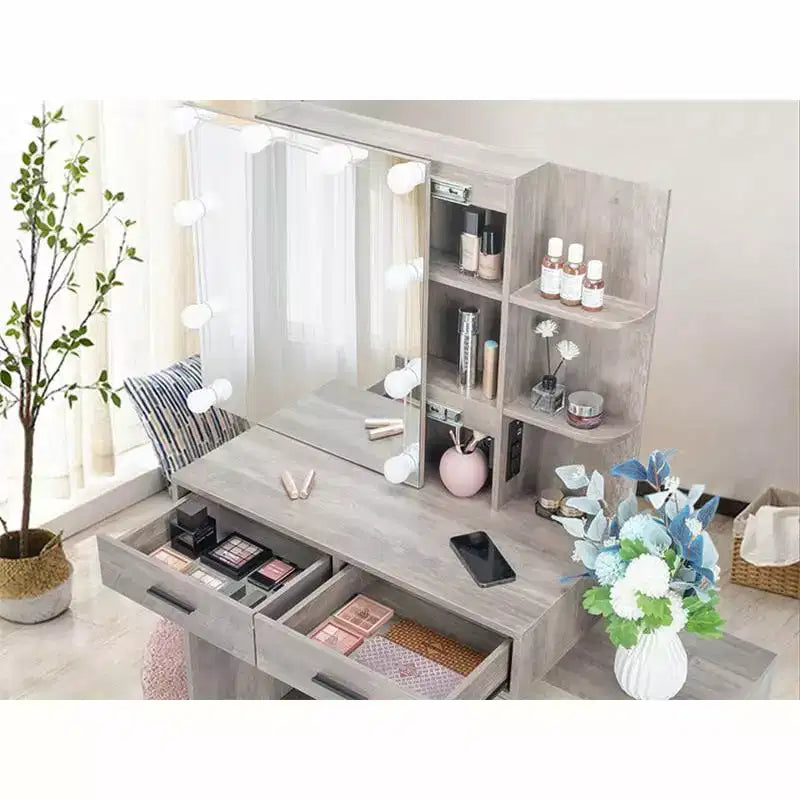 Ensemble de coiffeuse avec armoire miroir, 5 tiroirs et 2 étagères en panneau de particules gris avec placage trimine et agencement d'ampoules à intensité variable tricolore