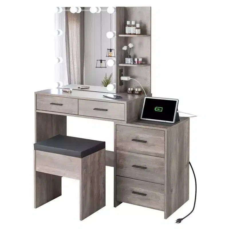 Ensemble de coiffeuse avec armoire miroir, 5 tiroirs et 2 étagères en panneau de particules gris avec placage trimine et agencement d'ampoules à intensité variable tricolore