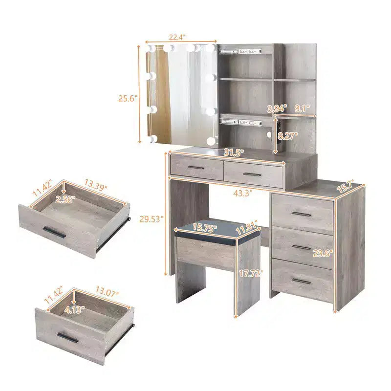 Ensemble de coiffeuse avec armoire miroir, 5 tiroirs et 2 étagères en panneau de particules gris avec placage trimine et agencement d'ampoules à intensité variable tricolore