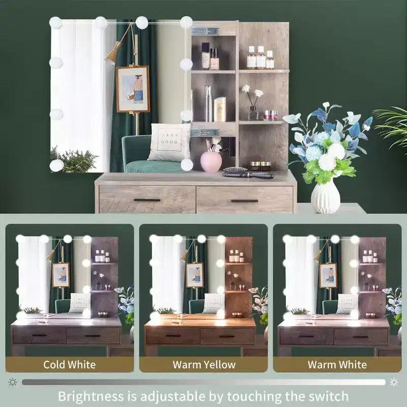 Ensemble de coiffeuse avec armoire miroir, 5 tiroirs et 2 étagères en panneau de particules gris avec placage trimine et agencement d'ampoules à intensité variable tricolore