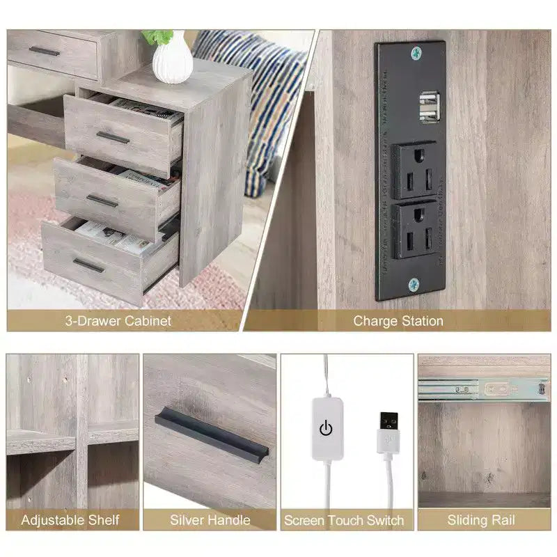 Ensemble de coiffeuse avec armoire miroir, 5 tiroirs et 2 étagères en panneau de particules gris avec placage trimine et agencement d'ampoules à intensité variable tricolore