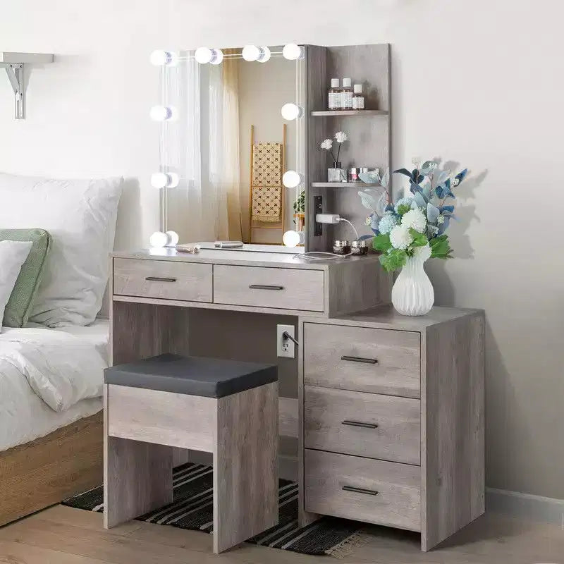 Ensemble de coiffeuse avec armoire miroir, 5 tiroirs et 2 étagères en panneau de particules gris avec placage trimine et agencement d'ampoules à intensité variable tricolore
