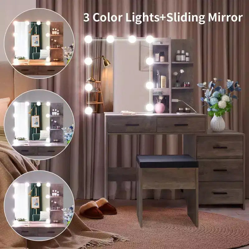 Ensemble de coiffeuse avec armoire miroir, 5 tiroirs et 2 étagères en panneau de particules gris avec placage trimine et agencement d'ampoules à intensité variable tricolore