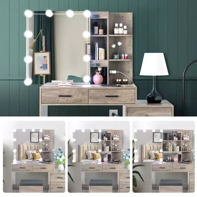 Ensemble de coiffeuse avec armoire miroir, 5 tiroirs et 2 étagères en panneau de particules gris avec placage trimine et agencement d'ampoules à intensité variable tricolore