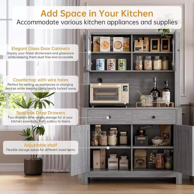 Meuble de cuisine avec support pour micro-ondes et bar à café, armoire autoportante avec tiroirs, portes et étagères réglables