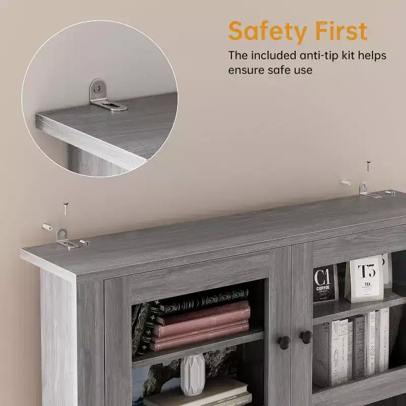 Meuble de cuisine avec support pour micro-ondes et bar à café, armoire autoportante avec tiroirs, portes et étagères réglables