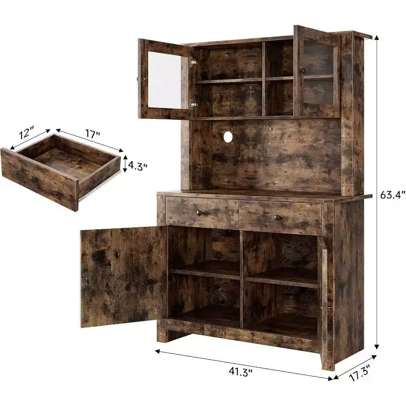 Meuble de cuisine avec support pour micro-ondes et bar à café, armoire autoportante avec tiroirs, portes et étagères réglables