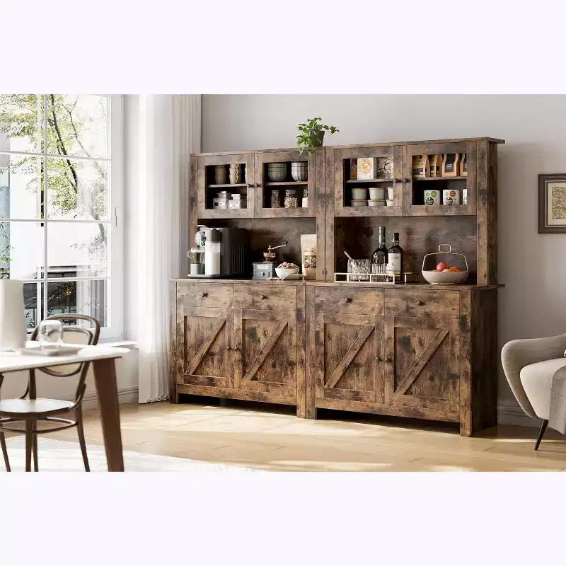 Meuble de cuisine avec support pour micro-ondes et bar à café, armoire autoportante avec tiroirs, portes et étagères réglables